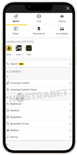 Bwin's mobile menu