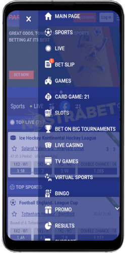 paripesa android mobile menu