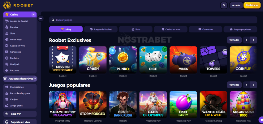 juegos que vas a encontrar en roobet casino