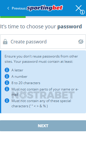 sportingbet registration step 2 password